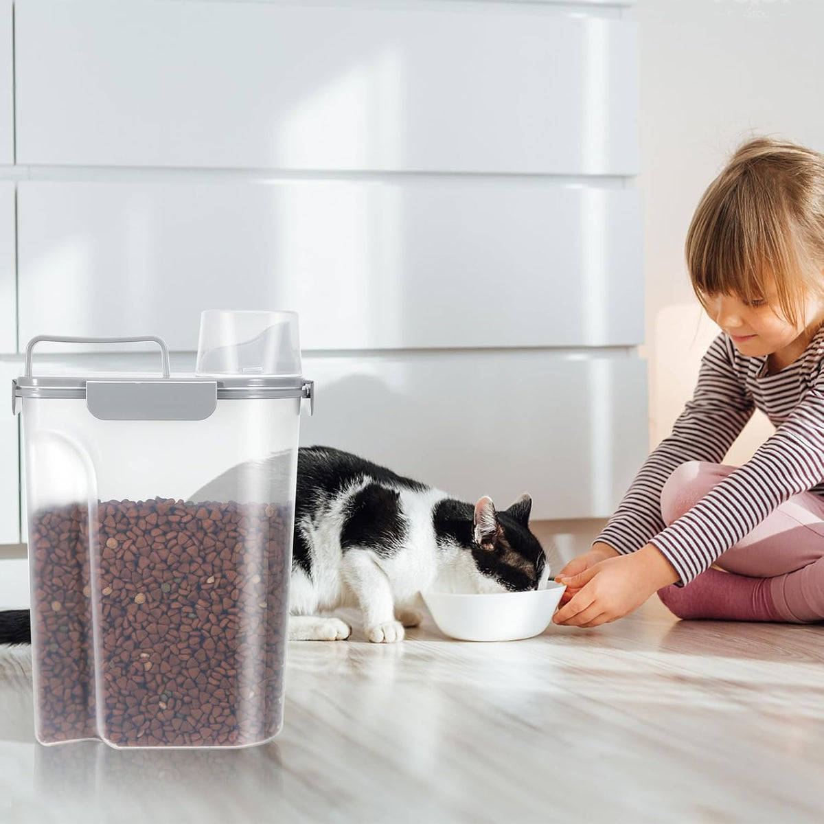 5-7Lbs Dog Cat Food Storage Container with Upgraded Large Nozzle BPA-free, 4 Snap Seals Plastic Pet