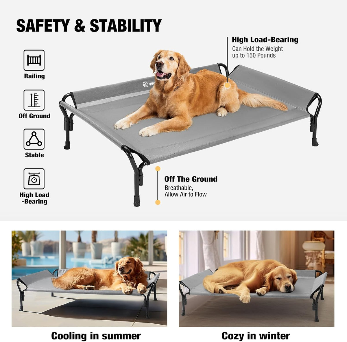 Veehoo Cooling Elevated Dog Bed, Raised Pet Cot with Guardrail & Slope Headrest, Durable Breathable