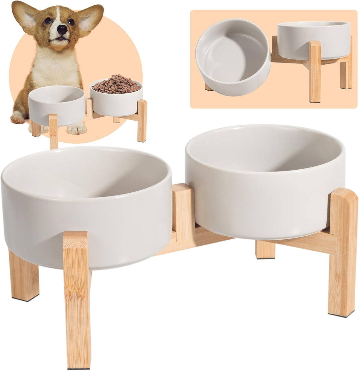 Elevated Ceramic Dog Bowl Set - Raised Dog Bowls with Non-Slip Bamboo Stand - Dog Food and Water