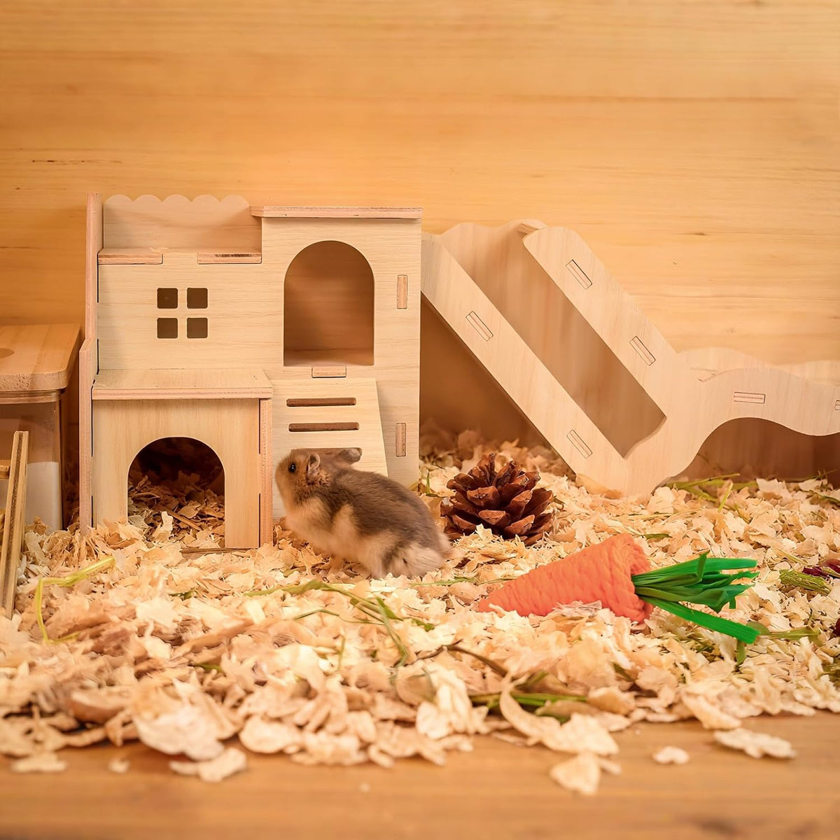 Multi-Chamber Hamster Hideout & House, Natural Wood Small Animal Cage Accessories for Dwarf