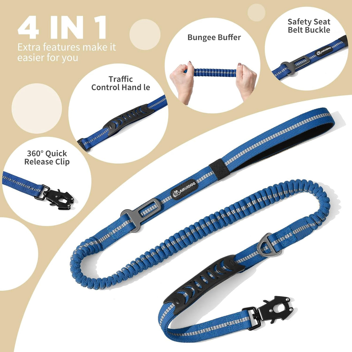 Heavy Duty Tactical Bungee Dog Leash, 4-6FT Shock Absorbing Tactical Dog Leash with 2 Padded
