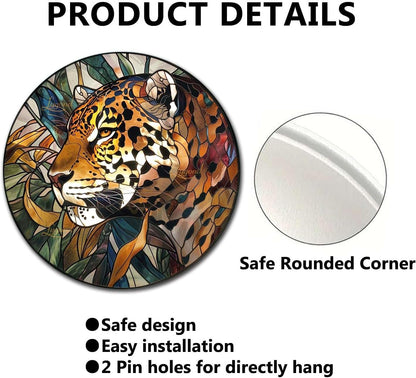 Lygond Metal Sign Tin Sign Circular Stained Glass Jaguar Boho Bedroom Decorations for Yard 12×12