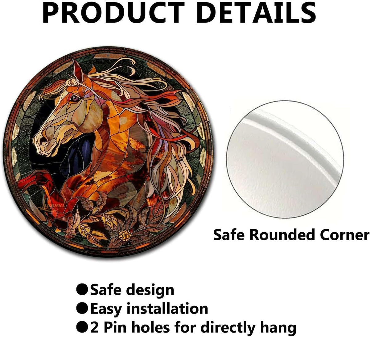 Lygond Metal Sign Tin Sign Circular Stained Glass Horse Metal Signs Vintage for Restaurant 12×12