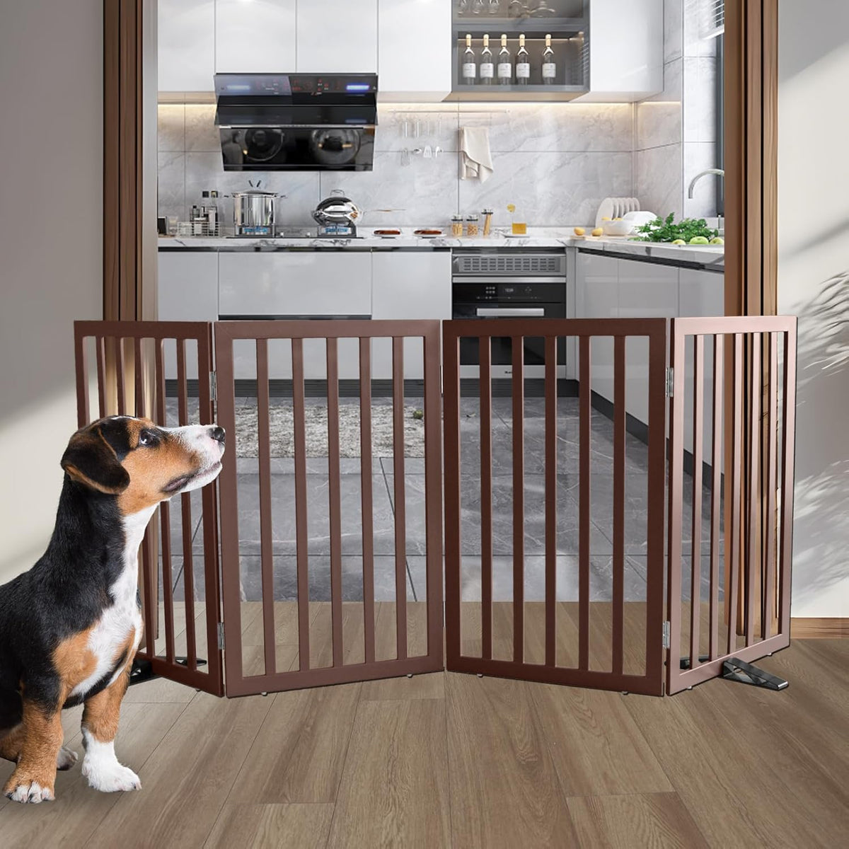 ZJSF Freestanding Indoor Dog Gate for House Foldable Wood Puppy Gate for Doorways Pet Gate for