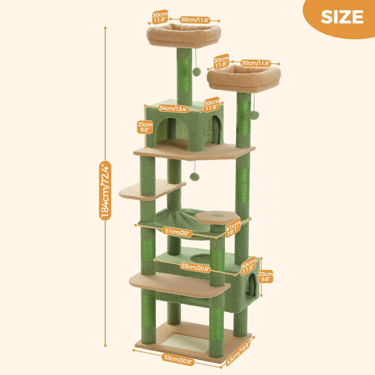 PAWZ Road Large 72 Inches Cat Tree and Tower for Indoor Cats - with Sisal-Covered Scratching Posts