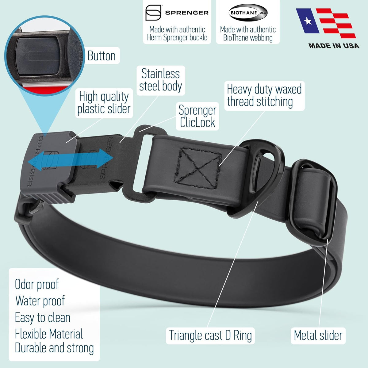 Dogline Biothane Waterproof Dog Collar with Herm Sprenger Stainless Steel Quick Release Buckle