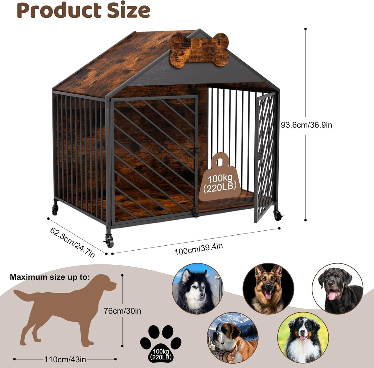 Heavy Duty Dog Crate Furniture for Large Breed - 39.4" Chew-Proof Kennel with Gable Roof, Double