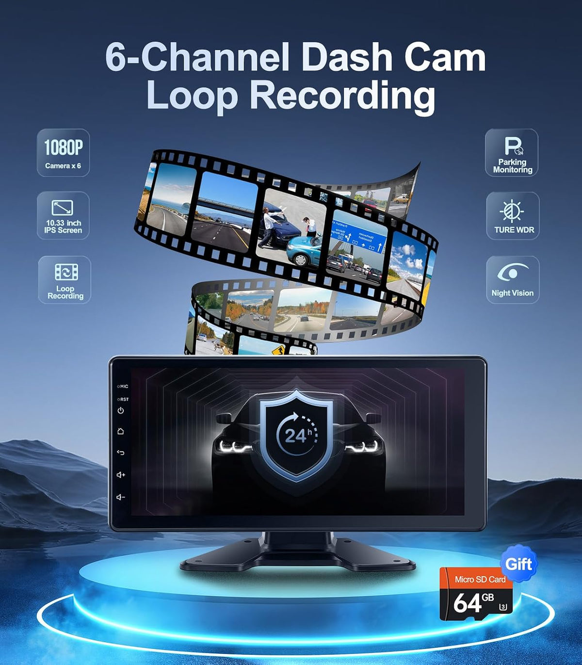 6-Channel Dash Cam 1080P Backup Camera System with 10.33 Inch Touch Parking Monitor,DVR Recording
