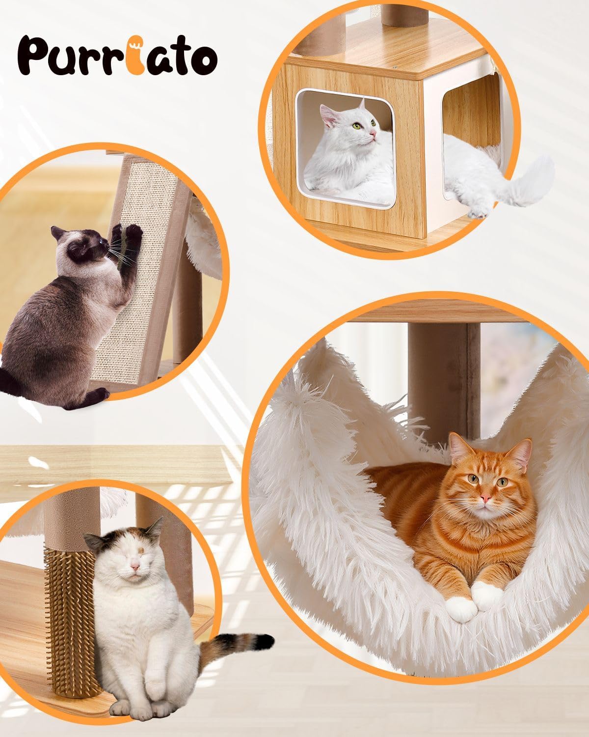 61" Wooden Cat Tree Tower for Indoor Cats, Luxury Modern Wooden Tower with XL Plush Lounge, Hammock