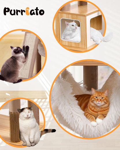 61" Wooden Cat Tree Tower for Indoor Cats, Luxury Modern Wooden Tower with XL Plush Lounge, Hammock