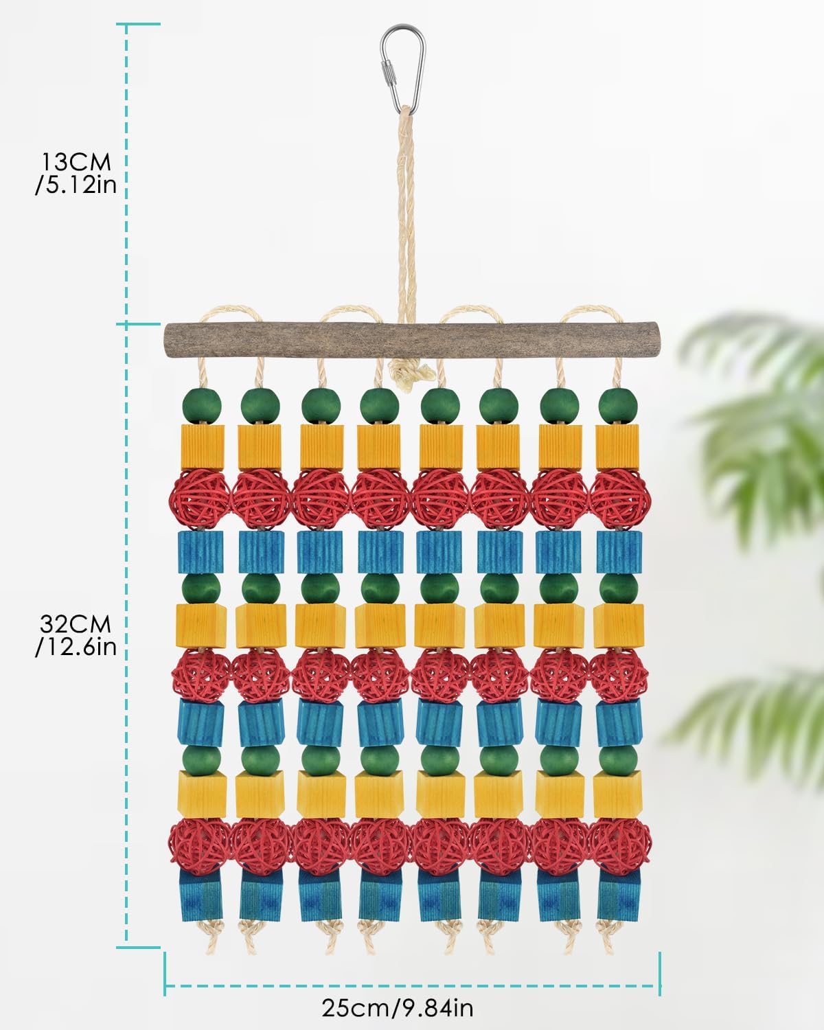 Large Parrot Toys, 17.7 inch Multicolored Natural Wooden Blocks Beads Rattan Balls, Bird Chew and