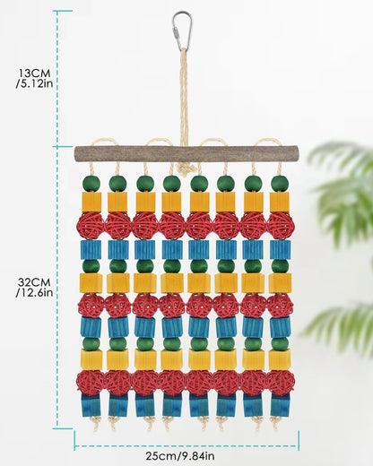 Large Parrot Toys, 17.7 inch Multicolored Natural Wooden Blocks Beads Rattan Balls, Bird Chew and