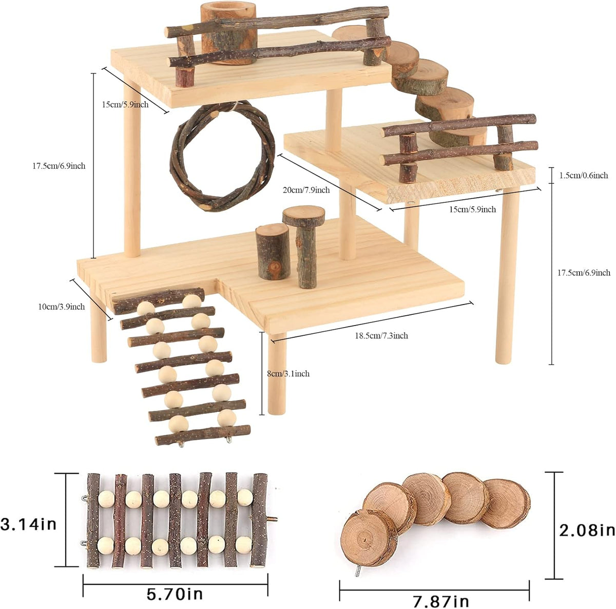 HOSUKKO Hamster Climbing Toys 3-Tier Extra Large Hamster Playground Natural Wooden Small Animal