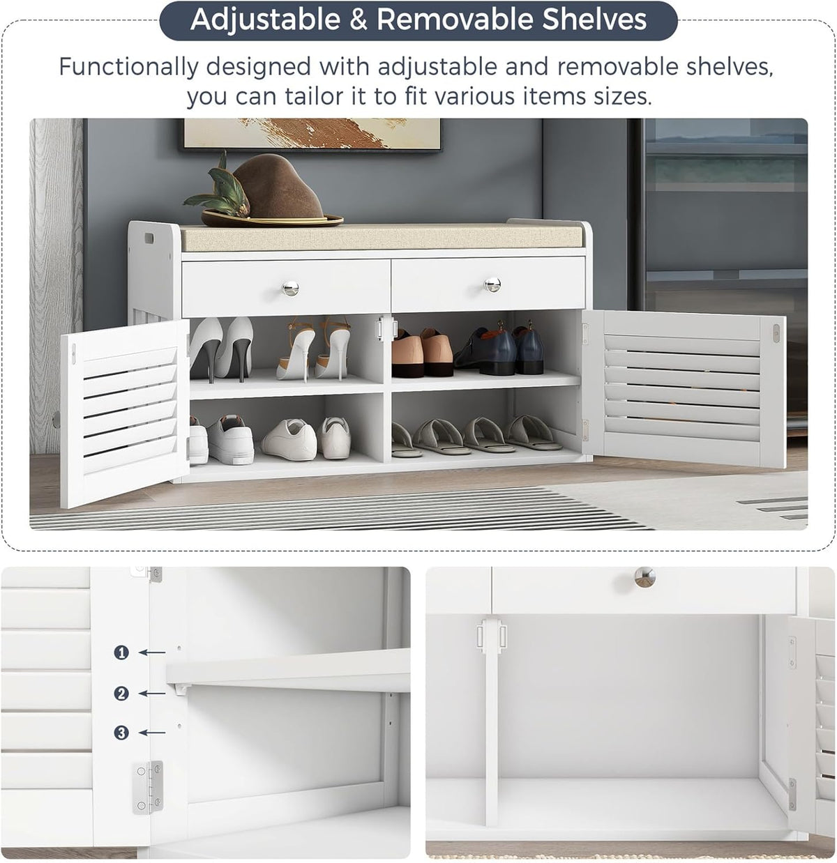 Shoe Storage Bench with 2 Drawers & 2 Doors, Entryway Bench with Cushion, 2 Adjustable Shelves