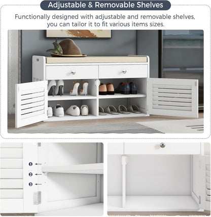 Shoe Storage Bench with 2 Drawers & 2 Doors, Entryway Bench with Cushion, 2 Adjustable Shelves