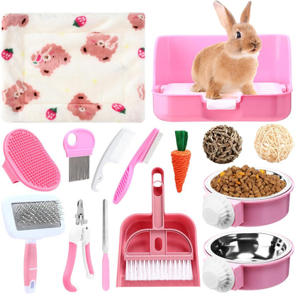 15 Pcs Rabbit Starter Kit Small Rabbit Litter Box Animal Grooming Kit Bunny Toys Bowl Blankets with