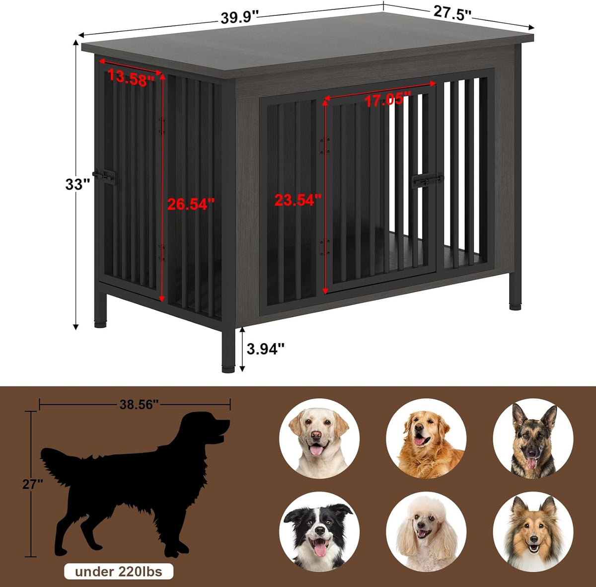 EasyCom 39.96" XL Wooden Large Dog Crate Furniture for Medium and Large Breed, Chew-Resistant Dog