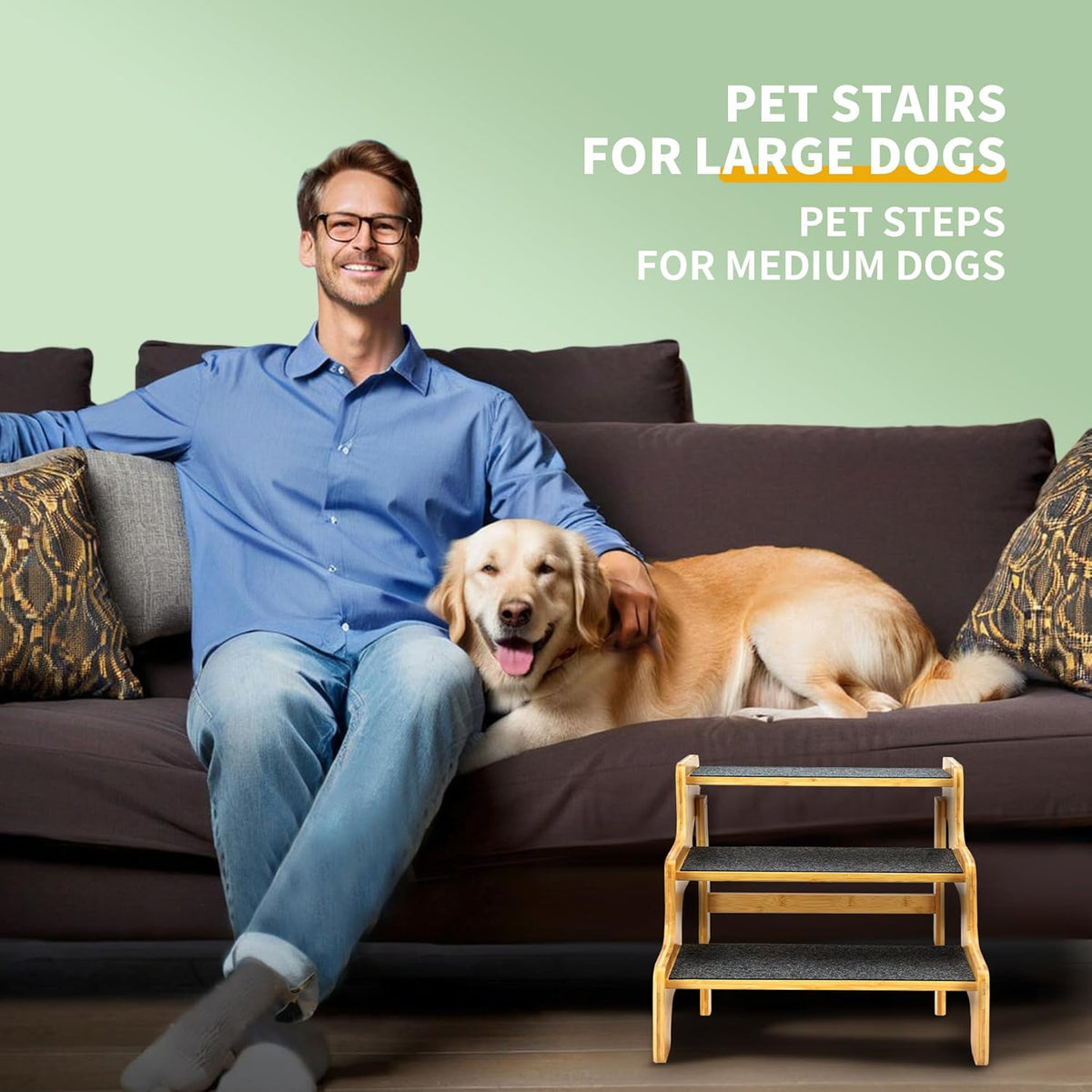 Dog Stairs for Small Dogs,3-Step Bamboo Wooden Dog/Pet/Cat Steps Ramp for Couch Sofa,Bed and Car