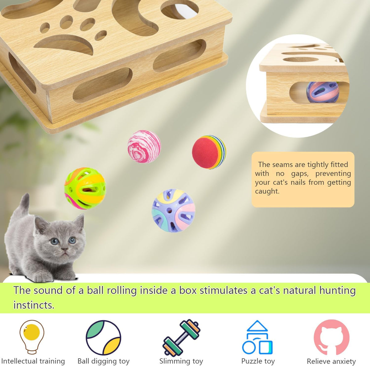 Interactive Wooden Cat Puzzle Toy Box Indoor Hunting Play Toy to Stimulate Your Cat’s Energy and