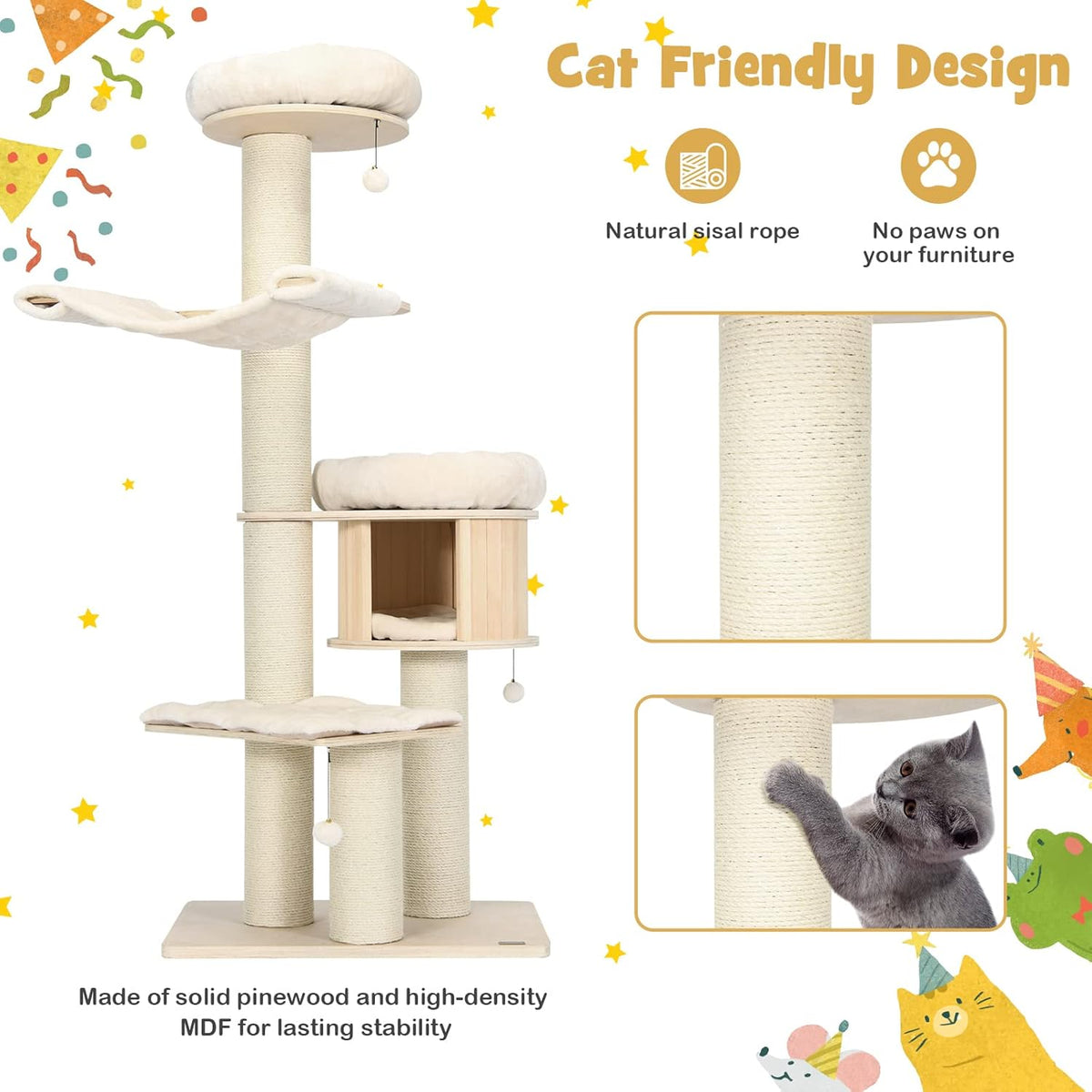 PETSITE 68.5" Tall Cat Tree, Multi-Level Modern Cat Tower with Sisal Scratching Posts, Top Perch