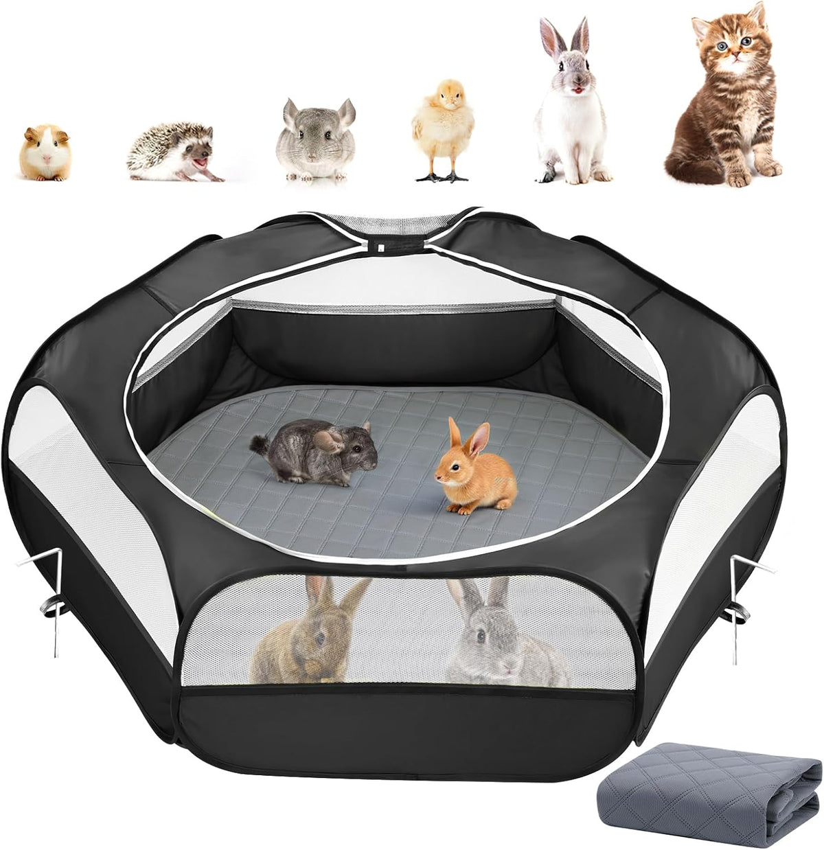 2-in-1 Small Animals Playpen with Pad, Waterproof Small Pet Cage Tent with Reusable Pad, Portable