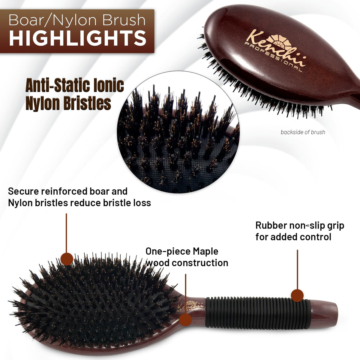Kenchii Boar and Nylon Bristle Dog/Cat Grooming Brush with One-Piece Maple Body-Choose Size Large
