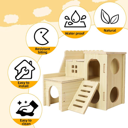Tiny Hamster Maze Wood House with Slide House, Hamster Hideout Cage Accessories, for Dwarf Gerbils
