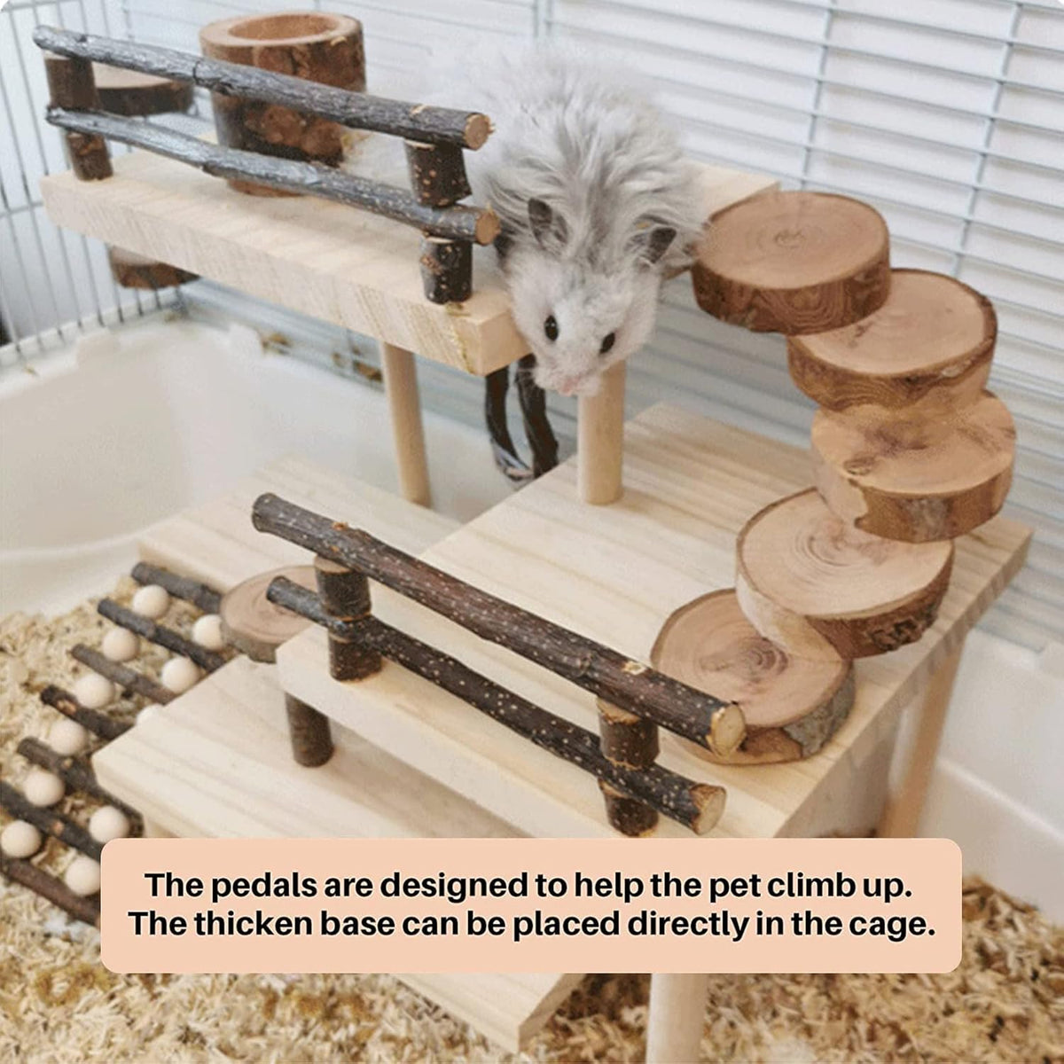 HOSUKKO Hamster Climbing Toys 3-Tier Extra Large Hamster Playground Natural Wooden Small Animal