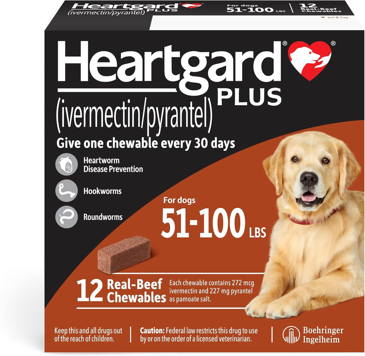 HEARTGARD® Plus (ivermectin/pyrantel) Real-Beef Chewables for Dogs 51 -100 lbs (Brown Box) 12 Month