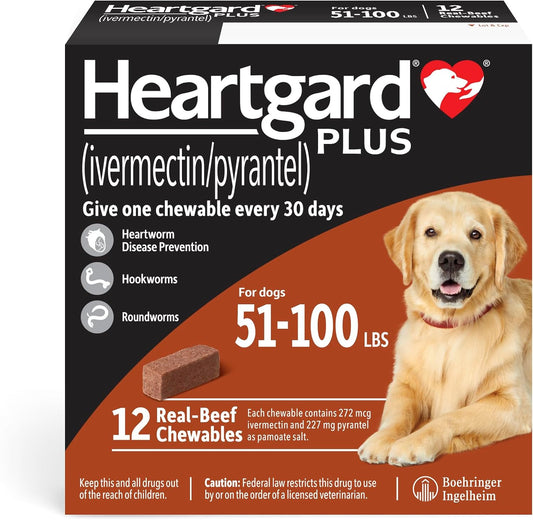 HEARTGARD® Plus (ivermectin/pyrantel) Real-Beef Chewables for Dogs 51 -100 lbs (Brown Box) 12 Month