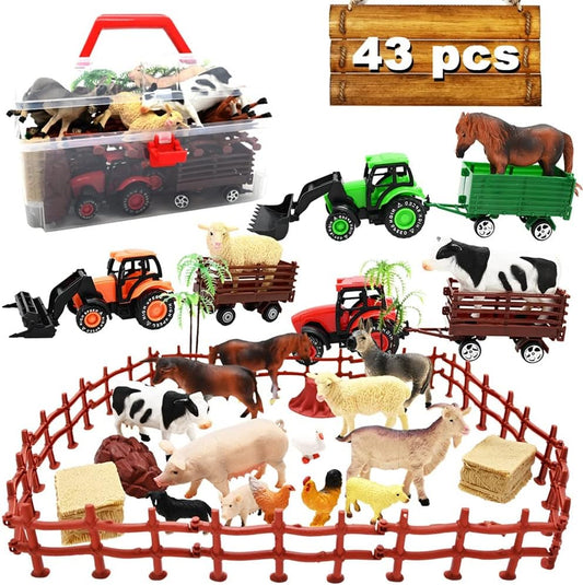 3 Pack Farm Toy Tractor with 40pcs Plastic Animals Figurines and Fence Playset, Farm Figures Farmer