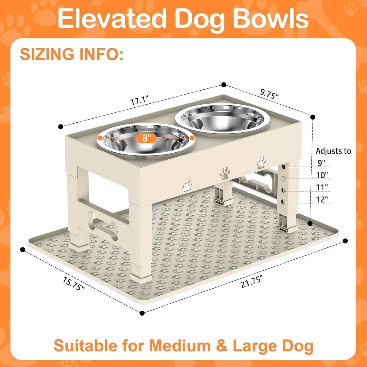 Elevated Dog Bowls with Mat, Raised Dog Food Bowl Stand with 2 Stainless Steel Bowls, 5 Height
