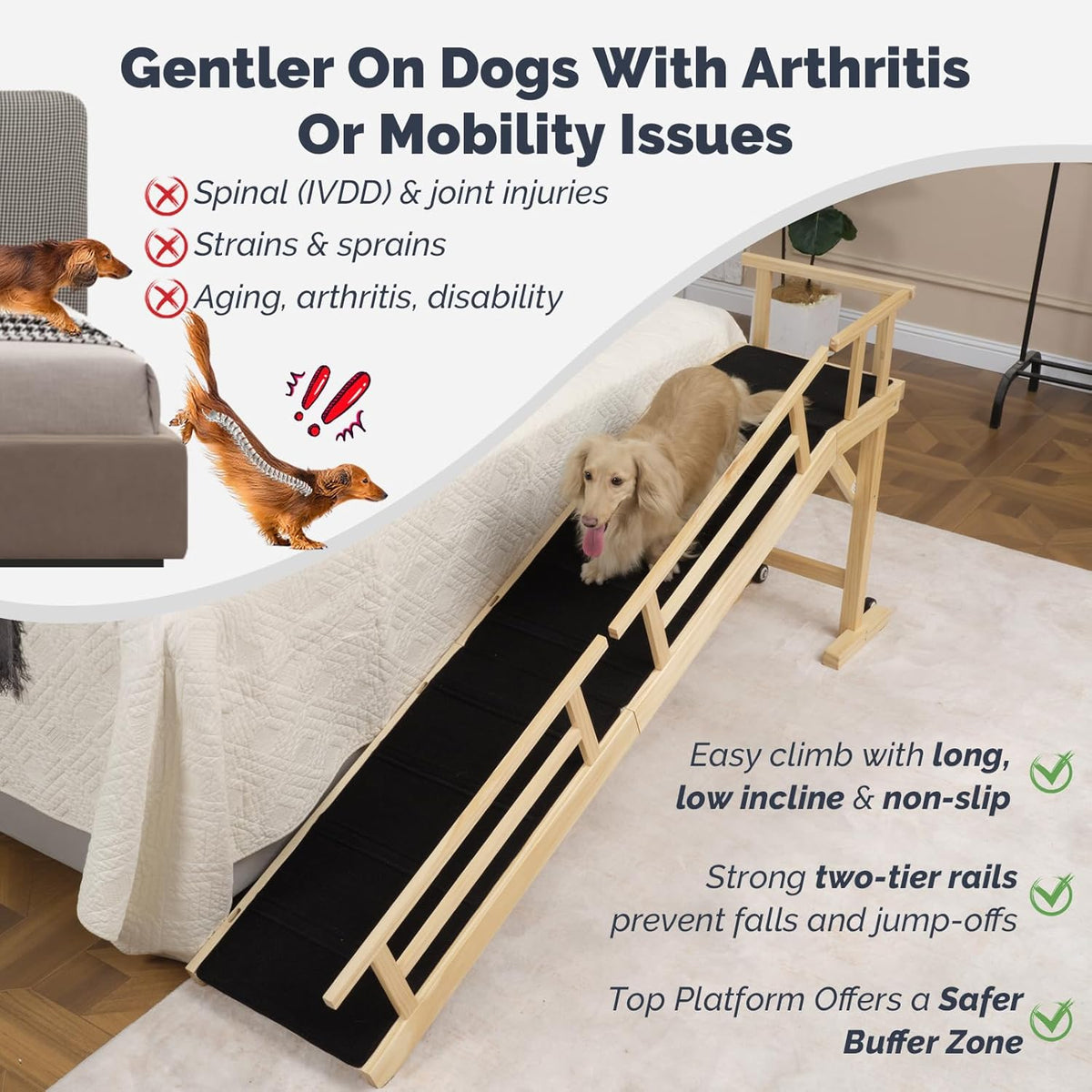 Dog Ramp for Bed or Couch, Wooden Pet Ramp with 20° Gentle Slope, Removable Side Rails, Non-Slip