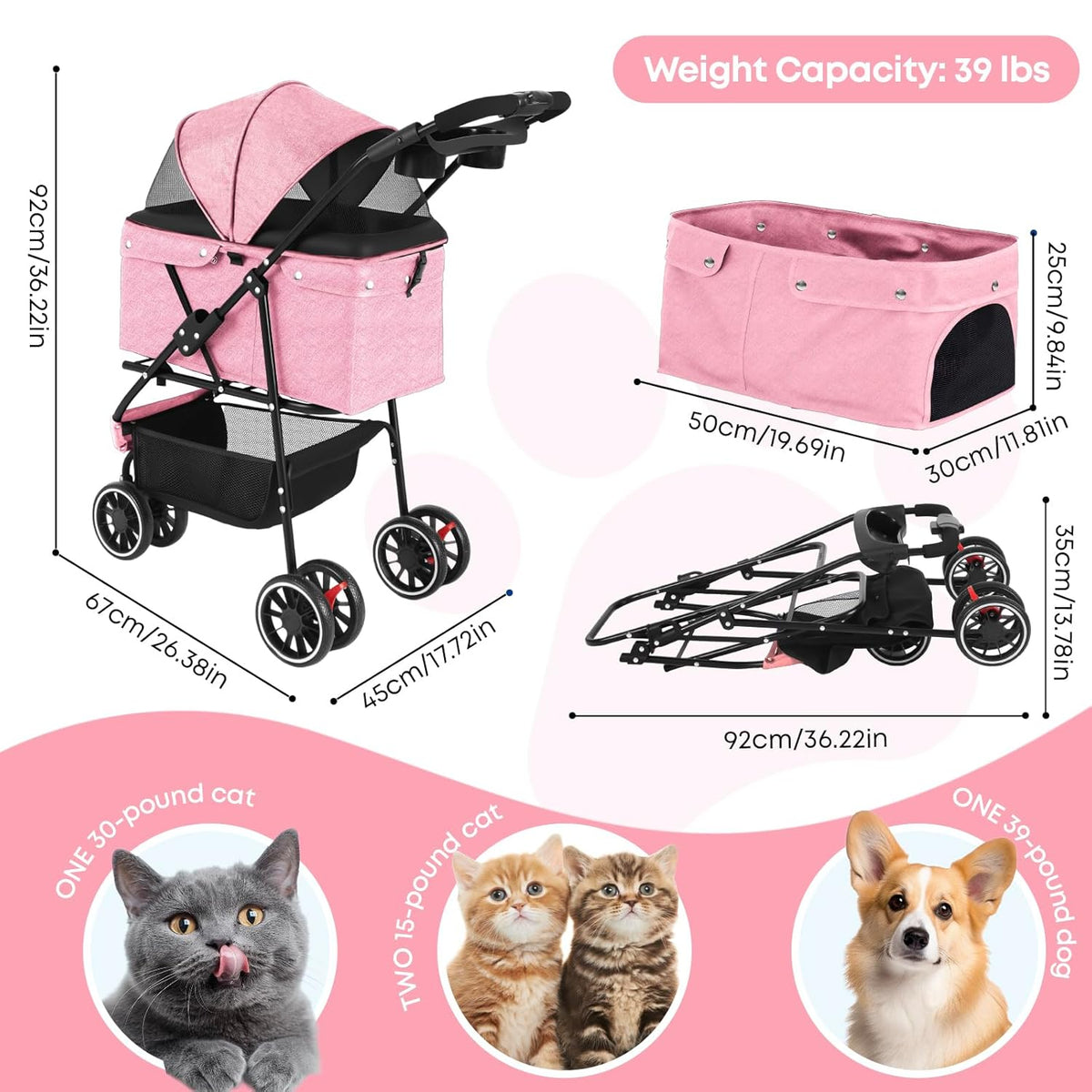 Pet Stroller,Dog Stroller for Small Medium Dogs Cats,3 Wheels,Foldable,with Breathable Mesh