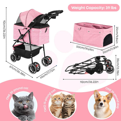Pet Stroller,Dog Stroller for Small Medium Dogs Cats,3 Wheels,Foldable,with Breathable Mesh