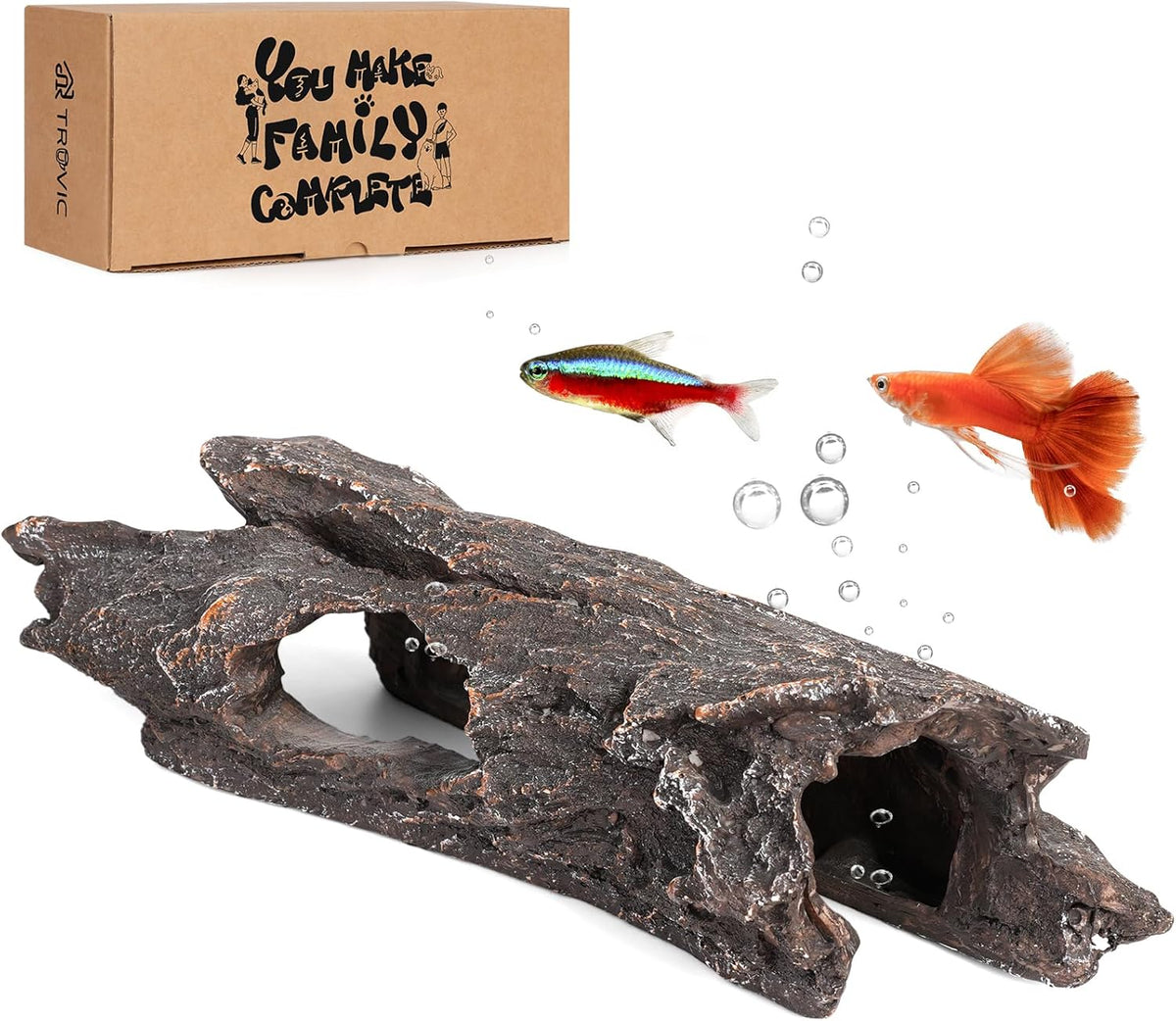 TRUVIC Fish Tank Decorations - Aquarium Cave Decor, Resin Hollow Tree Trunk Reptile Hide & Betta
