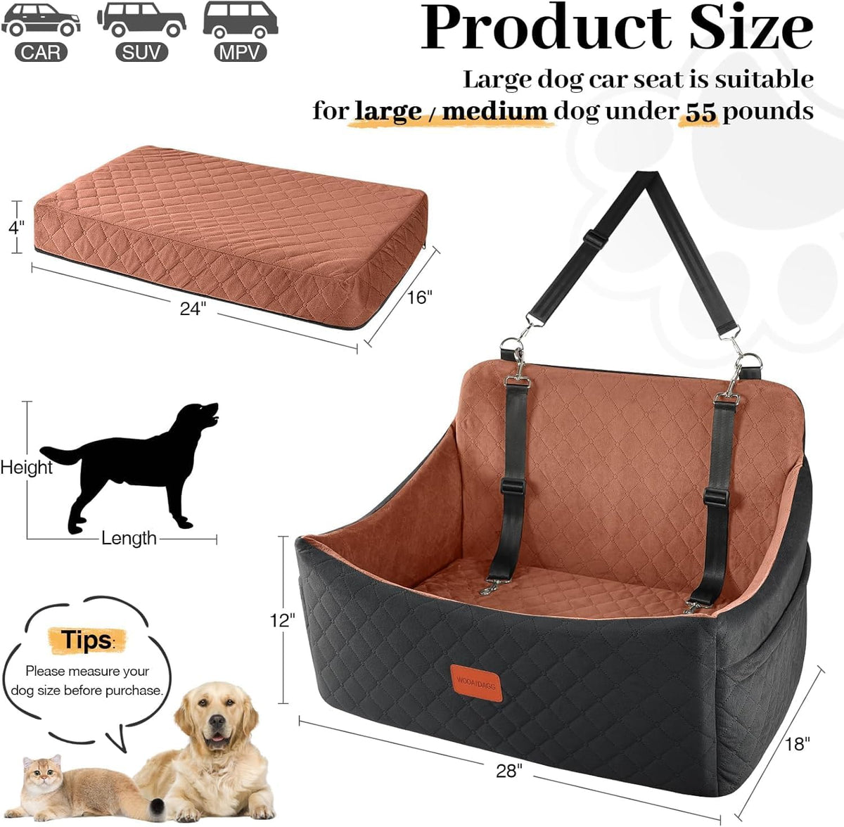 Dog Car Seat for Medium & Large Dogs Up to 55lbs, Memory Foam Cushion, Washable Cover, Safety