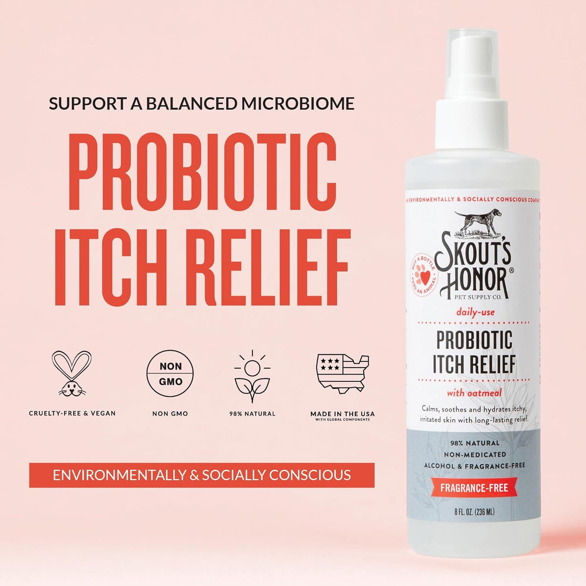 SKOUT'S HONOR Probiotic Itch Relief Spray for Pets - Non-Medicated, Fragrance-Free, Natural, Vegan
