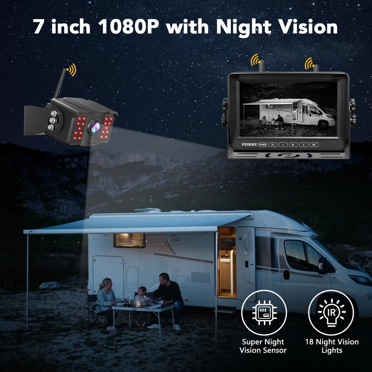 Dual RV Backup Camera Wireless with 7" 1080P Monitor, for Furrion Pre-Wired RVs, 4-Channel Split