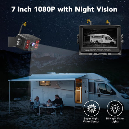 Dual RV Backup Camera Wireless with 7" 1080P Monitor, for Furrion Pre-Wired RVs, 4-Channel Split
