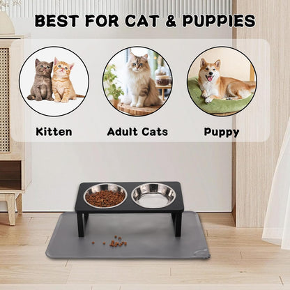 Upgraded Elevated Cat Bowls with Food Mat,15°Tilted Stand Anti Vomiting Raised Cat Dishes for Food