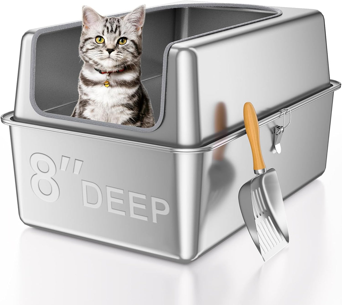 14'' High Sides XXL All Stainless Steel Cat Litter Box with Lid,XL Deep Metal Litter Box for Big