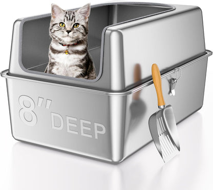 14'' High Sides XXL All Stainless Steel Cat Litter Box with Lid,XL Deep Metal Litter Box for Big
