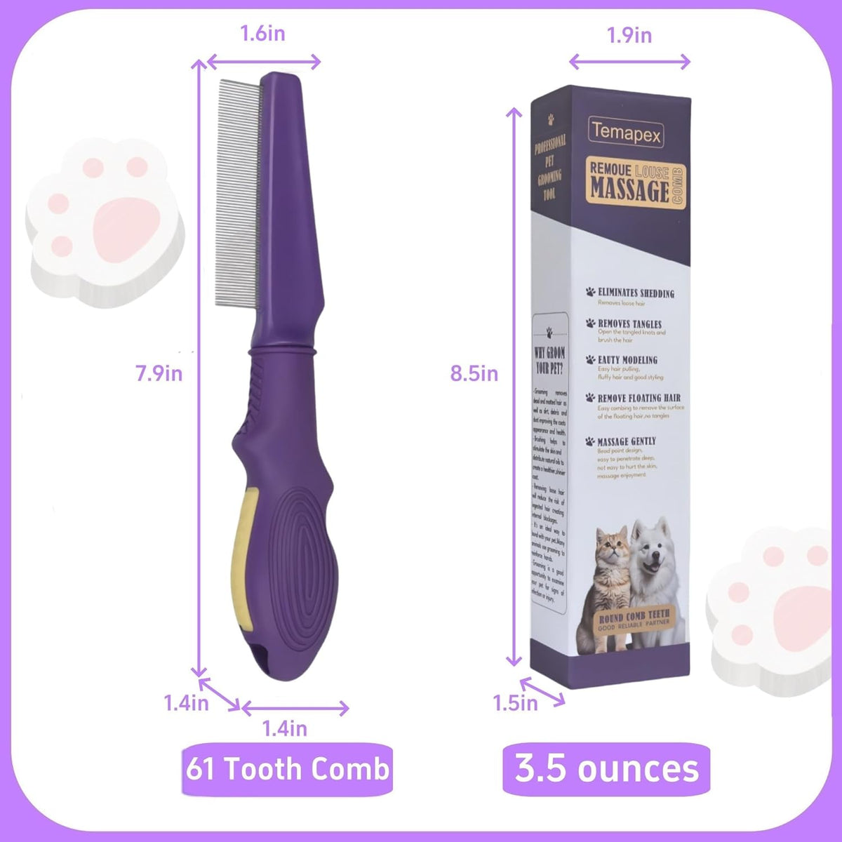 Pet Flea Comb for Dogs & Cats,Removes Tangles & Flea, Tear Stain Removal, Stainless Steel Metal