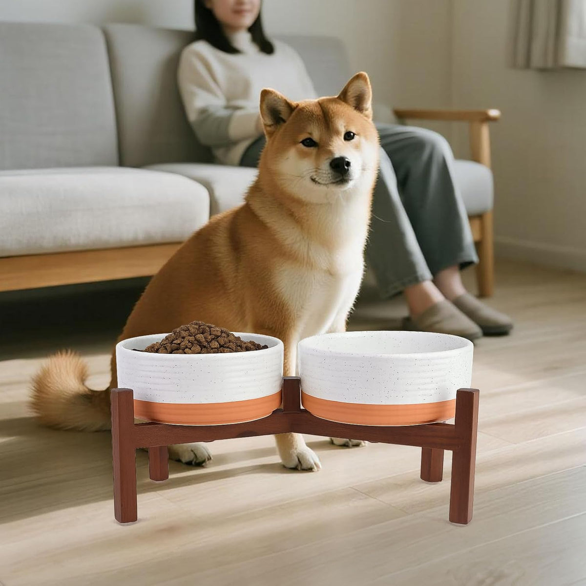 SPUNKYJUNKY Ceramic Elevated Dog Bowl Set with Acacia Wood Stand for Food and Water for Medium Dog