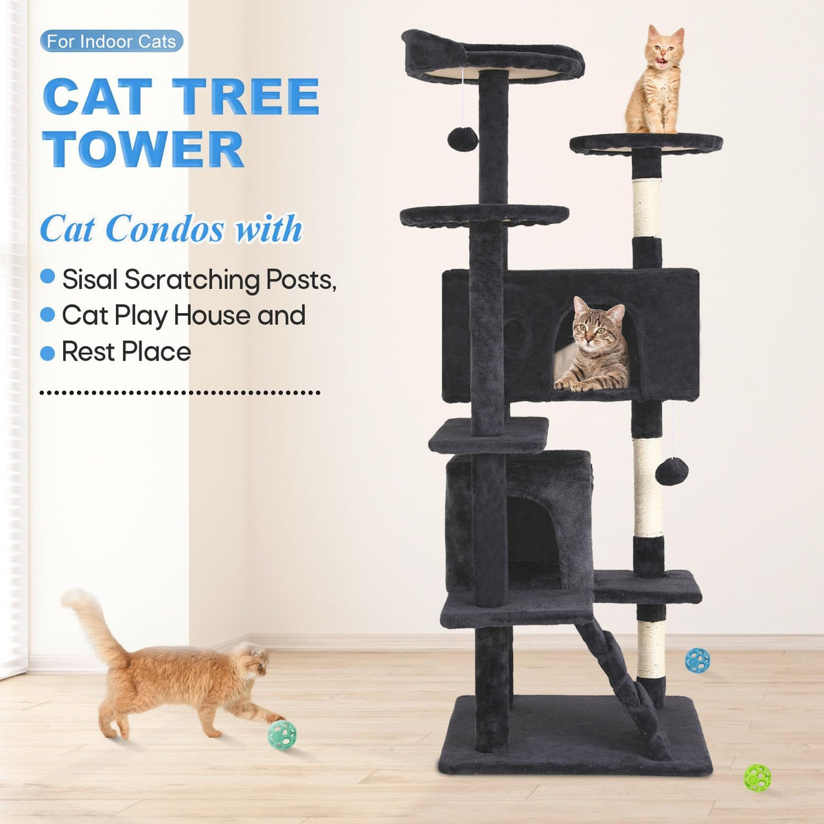 FDW Cat Tree 54in Cat Tower Multi-Level Durable Cat Scratching Post & Cozy Fun Cat Jumping Platform