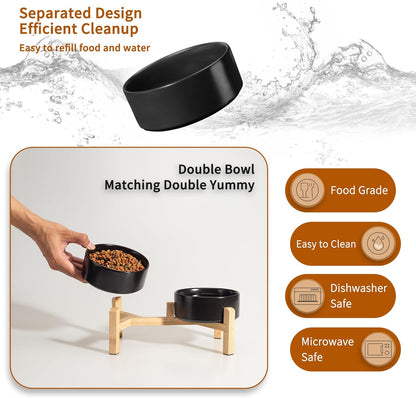 Elevated Ceramic Dog Bowl Set - Raised Feeding Bowls with Non-Slip Bamboo Stand - Small Pet Dishes