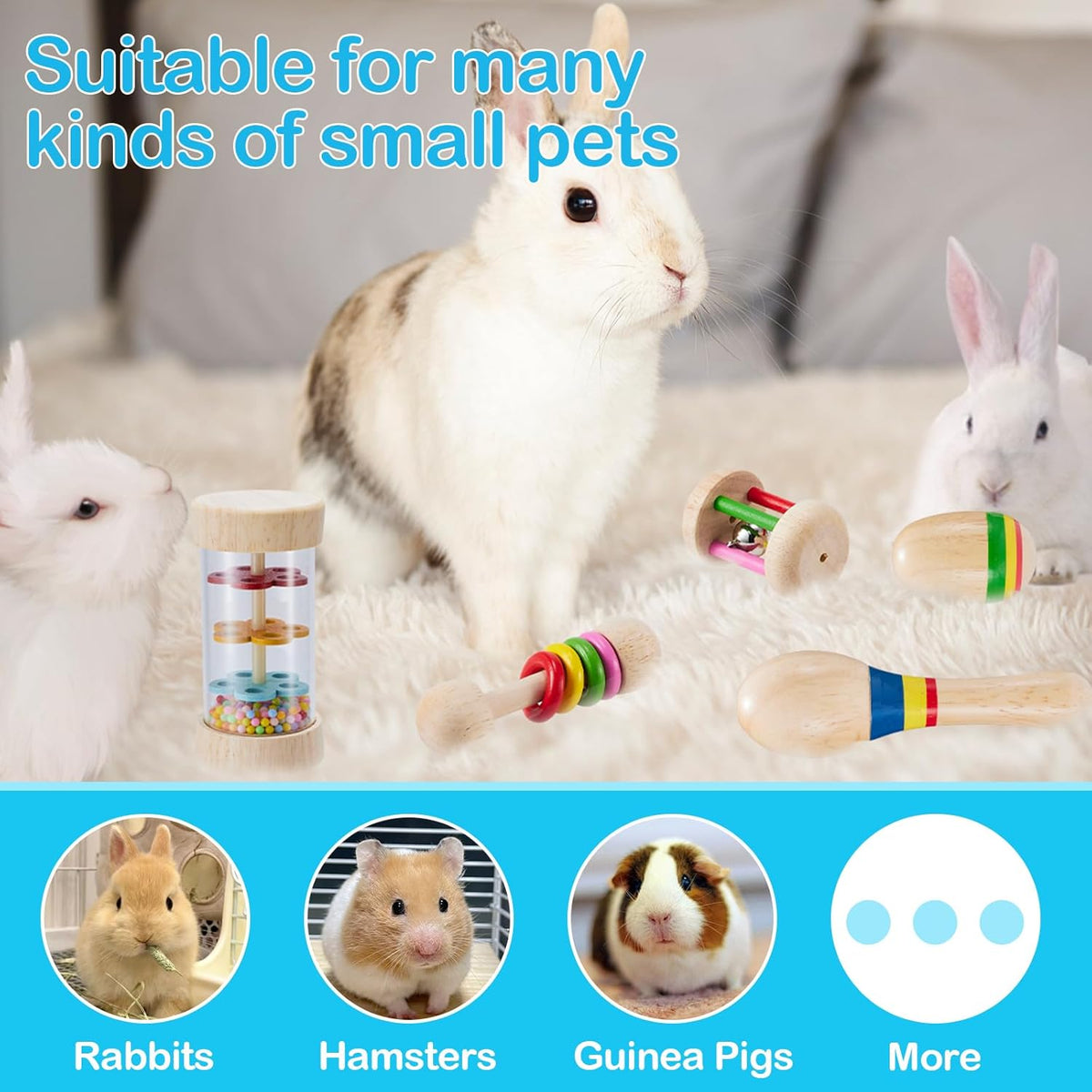 6 Pcs Wooden Bunny Toys - Safe Rabbit & Guinea Pigs Teeth Grinding Toys for Chinchillas, Hamsters &