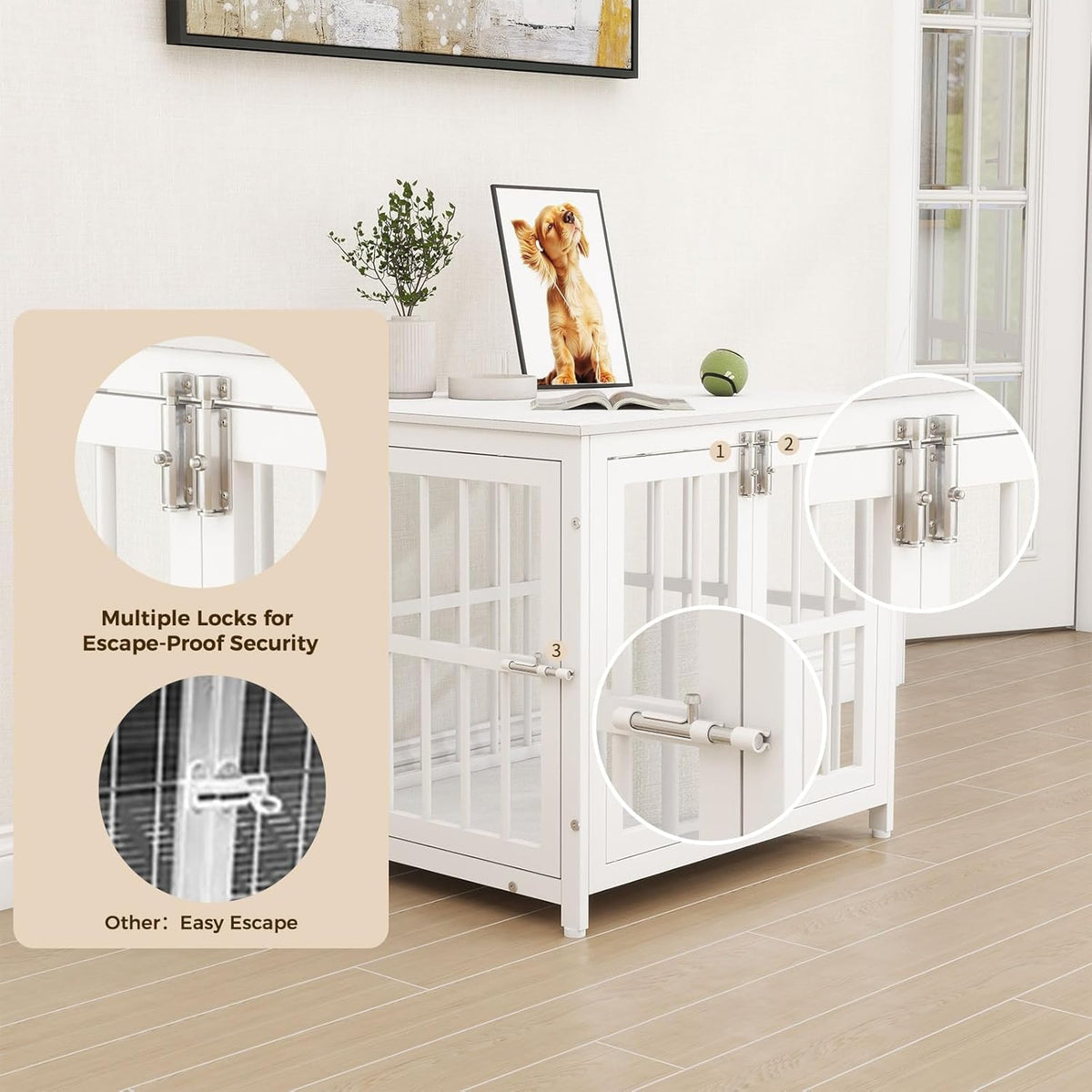 26 Inch Heavy Duty Wooden Dog Kennel End Table with Double Door Design and Secure Locks, Indoor Pet