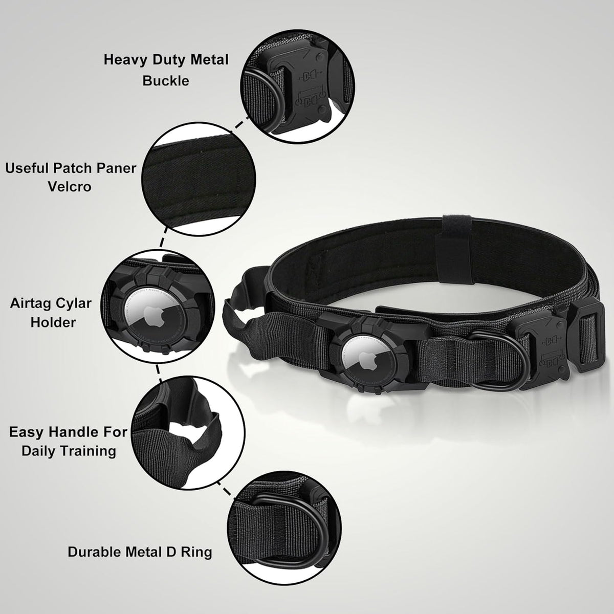 Tactical AirTag Dog Collar Leash Set - Heavy Duty, Adjustable GPS Collar Compatible with Apple